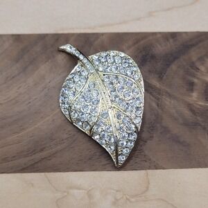 Vintage Pave Rhinestone Gold Tone Leaf Brooch Pin